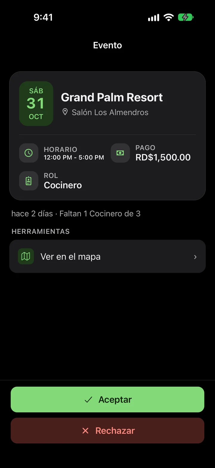 Detalle de un evento con botones para aceptar o rechazar