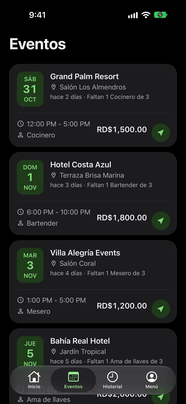 Pantalla de eventos disponibles de la app Colaboradores