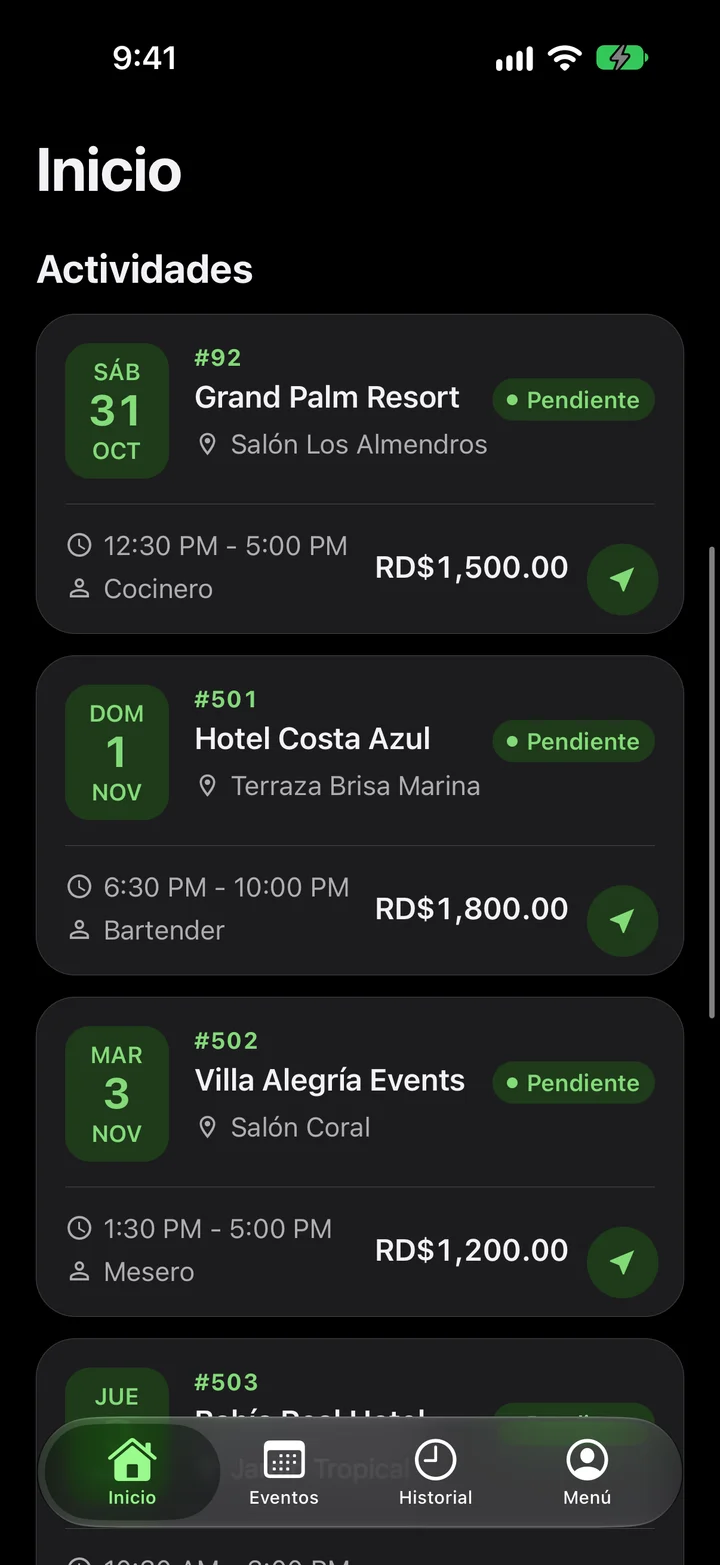 Pantalla de inicio con la lista de actividades pendientes